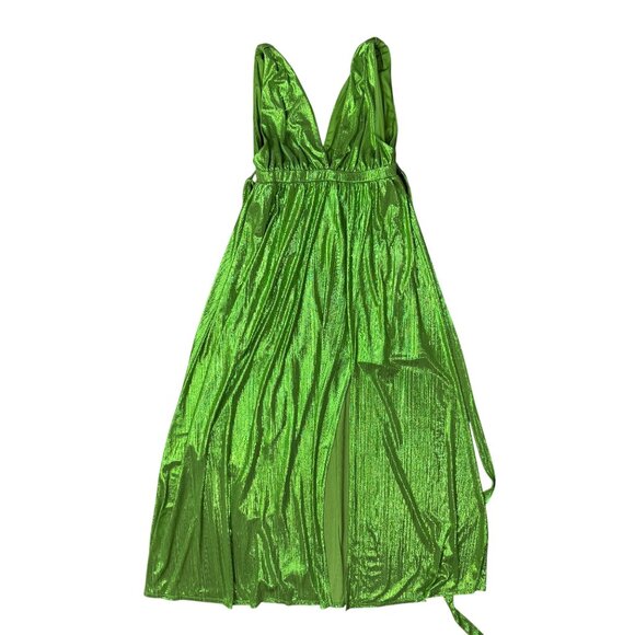 NEW Sincerely Jules Womens L Green Metallic Deep Neck Shiny Pleated Gown Stretch - Picture 14 of 16